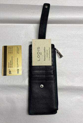 LODIS WALLET CREDIT CARD STACKER WITH ZIPPER POCKET BLACK GENUINE LEATHER
