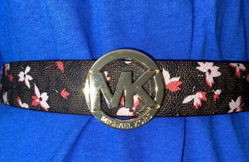 MICHAEL KORS BELT REVERSEABLE FLORAL/CHOCOLATE MK LOGO WITH GOLD MK BUCKLE