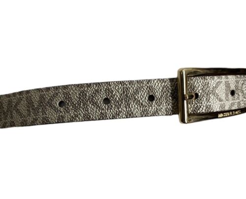 Michael Kors belt glittery gold printed MK logo gold rectangle buckle "Skinny" M