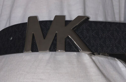 MICHAEL KORS BELT REVERSIBLE BLACK PRINTED MINI LOGO TO BLACK MK SILVER BUCKLE