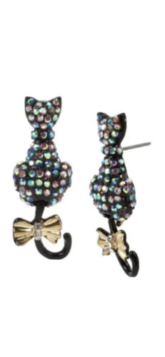 Betsey Johnson Swinging Black Cat Pave Frontal Earrings W Iridescent Rhinestones