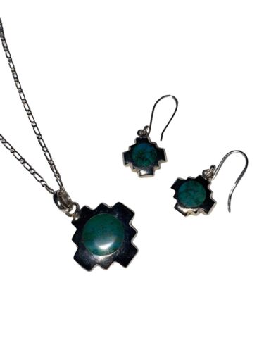 PERUVIAN Chakana Pendant Necklace & Earring Set TURQUOISE Stone 950 Purity