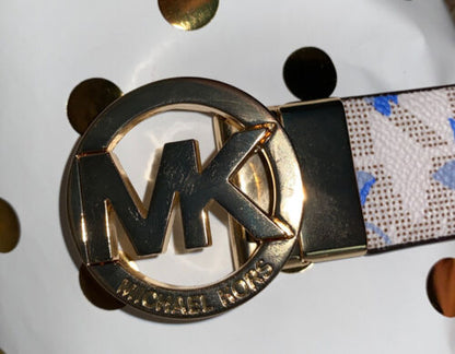 MICHAEL KORS BELT REVERSIBLE WHITE BLUE FLORAL/WHITE MK LOGO GOLD BUCKLE SUPER!!