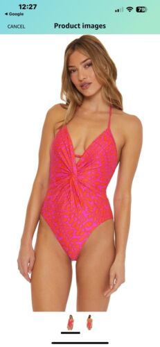 Trina Turk Trellis Twist Plunge Maillot~One Piece Swimsuit- Size 10~Pink/Orange
