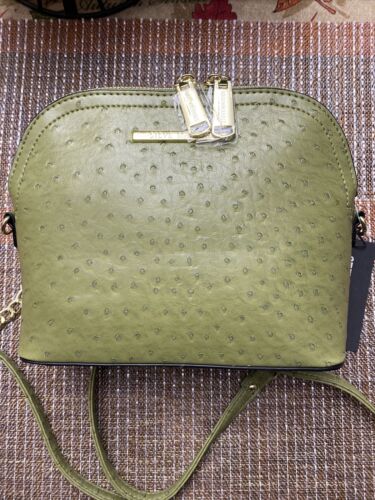 STEVE MADDEN HANDBAG BMAGGIE OSTRICH OLIVE GREEN GOLD-TONE HARDWARE NEW