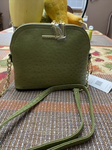 STEVE MADDEN HANDBAG BMAGGIE OSTRICH OLIVE GREEN GOLD-TONE HARDWARE NEW