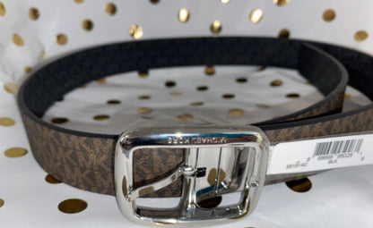 MICHAEL KORS BELT REVERSIBLE BLACK/BROWN MK LOGO SILVER BUCKLE