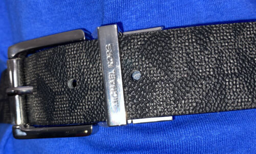 MICHAEL KOR BELT REVERSIBLE BLACK MK LOGO TO SOLID BLACK SILVER BUCKLE
