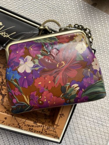 New Patricia Nash Leather Floral Coin Purse Key Chain Ring- New In Box
