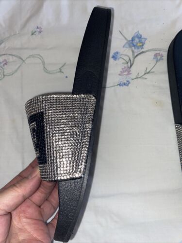True Religion Jasmine Bling Silver Black Slides Slippers NEW- SIZE 10 WOMEN
