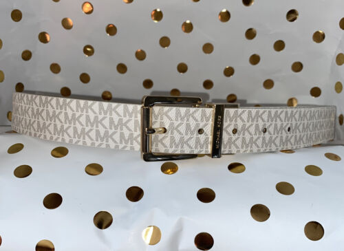 MICHAEL KORS WOMEN'S BELT~REVERSIBL WHITE TO METALLIC GOLD MK LOGO W/GOLD BUCKLE