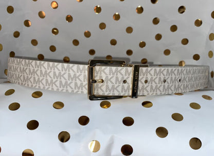 MICHAEL KORS WOMEN'S BELT~REVERSIBL WHITE TO METALLIC GOLD MK LOGO W/GOLD BUCKLE