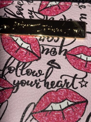 Betsey Johnson New Indexer Zip Around Wallet w/ Strap Black/Multi Lips $38 NWT