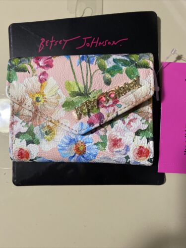 Betsey Johnson Peggable Card Case Flap Snap On Wallet FLORAL-Gold Hardware CUTE!