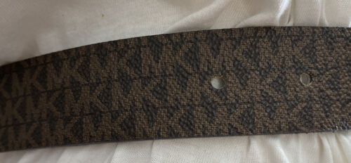 MICHAEL KORS BELT REVERSIBLE CHOCOLATE/VANILLA MK LOGO PRINT GOLD OVAL BUCKLE