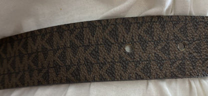 MICHAEL KORS BELT REVERSIBLE CHOCOLATE/VANILLA MK LOGO PRINT GOLD OVAL BUCKLE