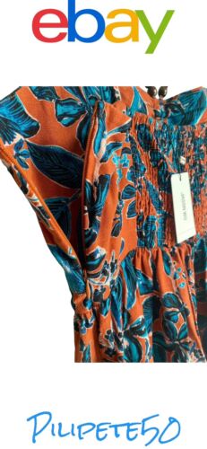 JASON WU Copper Turquoise Blue Floral Print Smocked Cut-Out Linen Midi Dress~ L