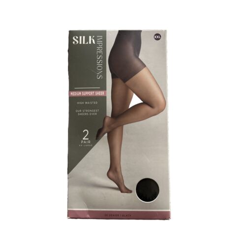 Silk Impressions Medium Sheer Support 30Denier~2-pairs Black~High Waisted~ XXL