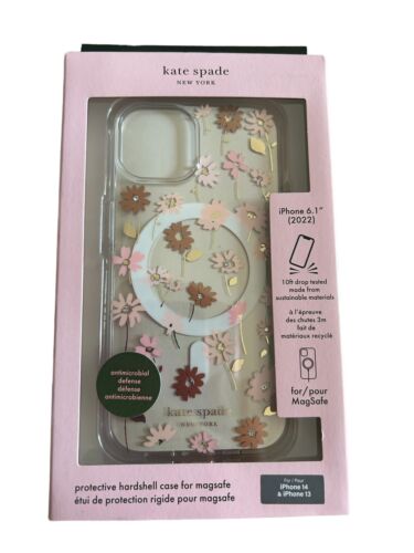 Kate Spade Protective Case~iPhone 13/14~Clear Floral Pink & Gold Leaves~MagSafe