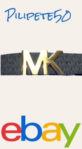 MICHAEL KORS BELT REVERSIBLE BLACK PRINTED MINI LOGO TO BLACK MK SILVER BUCKLE