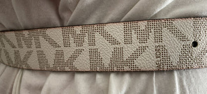 MICHAEL KORS BELT REVERSIBLE CHOCOLATE/VANILLA MK LOGO PRINT GOLD OVAL BUCKLE