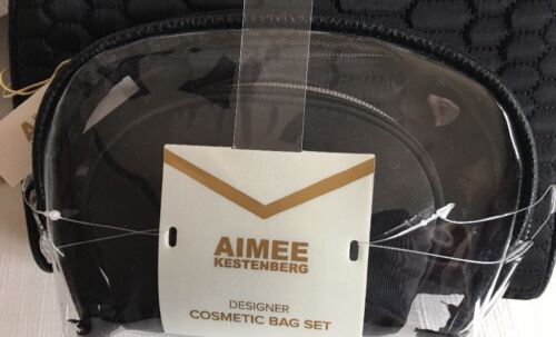 Aimee Kestenberg CHELSEA  3-Piece Set  BLACK QUILT Silver Zipper Cosmetic Bag