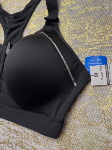LAYER 8 MAXIMUM SUPPORT SIZE LARGE SPORT BRA FITTED Bl/SilverFront Zipper-NEW