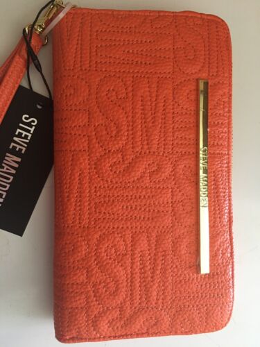 STEVE MADDEN WALLET WRISTLET ORANGE STITCHED BIG LETTER LOGO (SM) GOLD HARDWARE