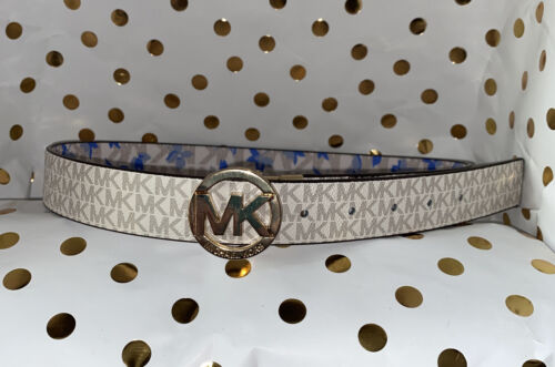 MICHAEL KORS BELT REVERSIBLE WHITE BLUE FLORAL/WHITE MK LOGO GOLD BUCKLE SUPER!!