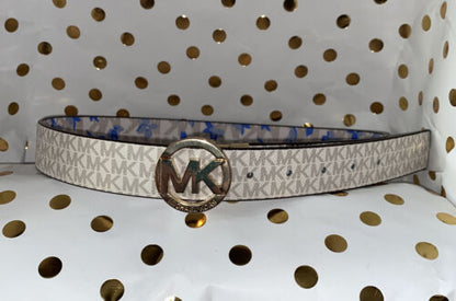 MICHAEL KORS BELT REVERSIBLE WHITE BLUE FLORAL/WHITE MK LOGO GOLD BUCKLE SUPER!!