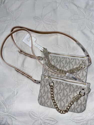 MICHAEL KORS Fanny Pack Ivory & Pink Belt i MK Logo Gold Chain CLASSIC STYLE!!