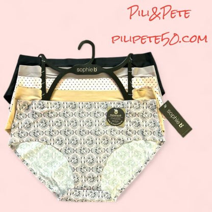 Sophie B~5 Pack No Show~Invisible Edge~Soft Hipster Briefs~Multicolor