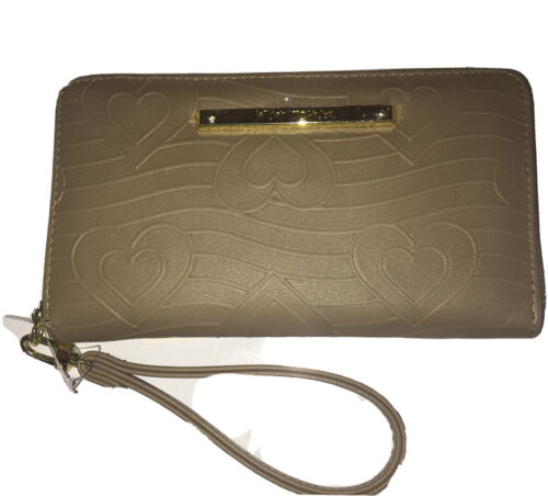 Betsey Johnson Zip Around Wallet/Wristlet Raised Hearts Stone Color NWT