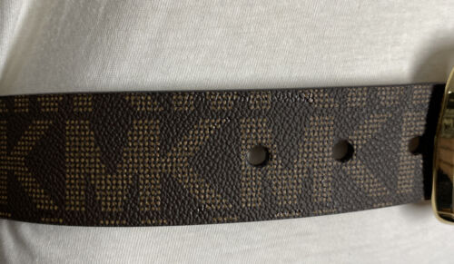 MICHAEL KORS BELT BROWN MK LOGO PRINT WITH GOLD BUCKLE WITH STUDDED LOOP "RETRO"