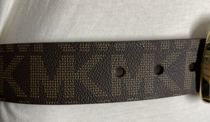 MICHAEL KORS BELT BROWN MK LOGO PRINT WITH GOLD BUCKLE WITH STUDDED LOOP "RETRO"