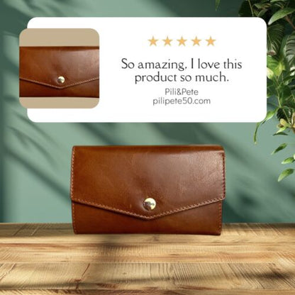 LODIS Mónica Large Flap Trifold Wallet~ Glaze Leather Genuine~Brown~UNIQUE