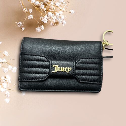 Juicy Couture Black Pretty Bow Faux Leather Flap Card Case Wallet NWT