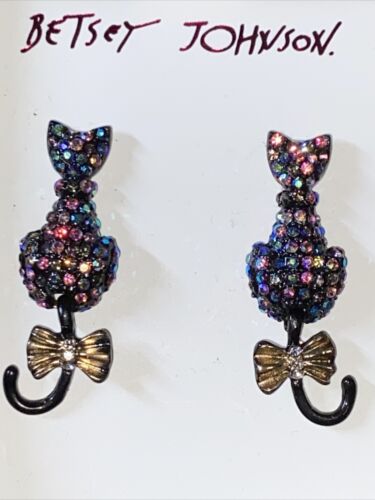 Betsey Johnson Swinging Black Cat Pave Frontal Earrings W Iridescent Rhinestones