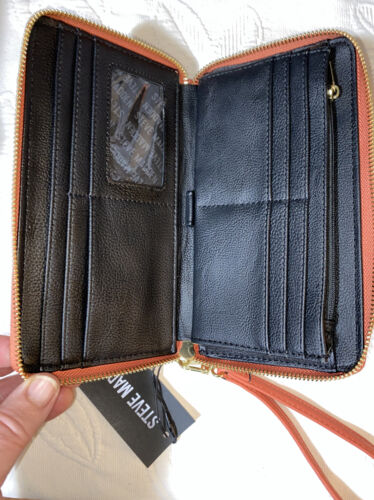 STEVE MADDEN WALLET WRISTLET PAPAYA "STACKED" STAMPED LOGO GOLD ZIPPER