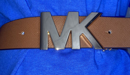 MICHAEL KORS BELT VANILLA/LUGGAGE PRINTED MK LOGO WITH GOLD MK LOGO BUCKLE LARGE