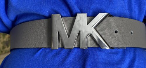 MICHAEL KORS BELT REVERSIBLE BLACK MK LOGO TO SOLID GRAY SILVER MK LOGO BUCKLE