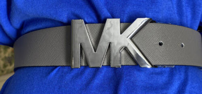 MICHAEL KORS BELT REVERSIBLE BLACK MK LOGO TO SOLID GRAY SILVER MK LOGO BUCKLE