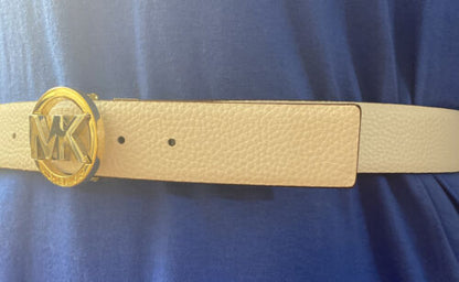 MICHAEL KORS BELT REVERSIBLE WHITE TO BROWN TUTONE BUCKLE SILVER AND GOLD SIZE L