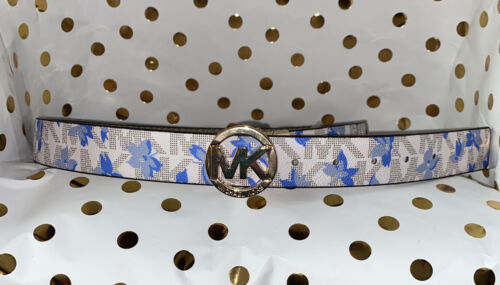 MICHAEL KORS BELT REVERSIBLE WHITE BLUE FLORAL/WHITE MK LOGO GOLD BUCKLE SUPER!!