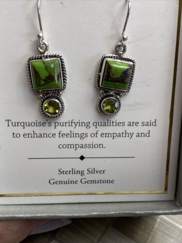 SHIVAM .925 STERLING SILVER TURQUOISE EARRINGS GENUINE GEMSTONE ROUND DANGLE NIB