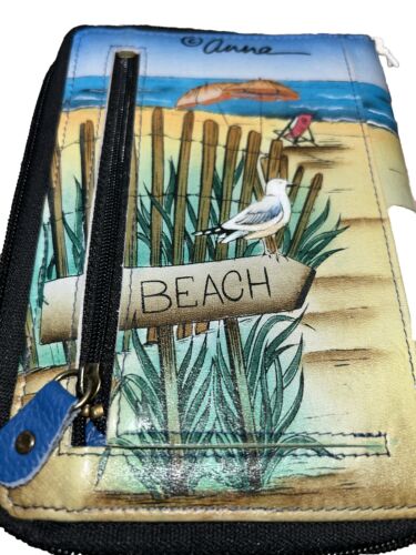 ANNA ANUSCHKA~BEACH DAY HAND-PAINTED  LEATHER~WRISTLET WALLET~ Handcrafted~ RARE