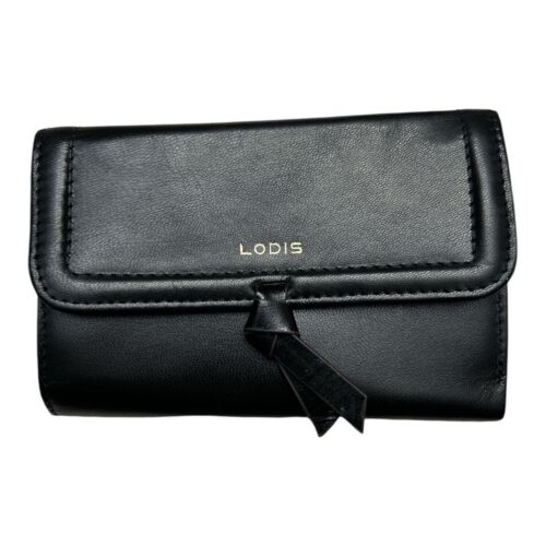 LODIS Ella Medium Flap Trifold Wallet~ Glaze Leather Genuine~ Black~UNIQUE