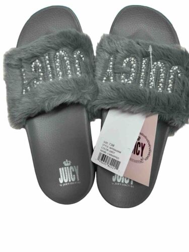 Juicy Couture Women J-Wrapped Faux Fur Slip-On Slide Slipper Shoes Gray WP00649W