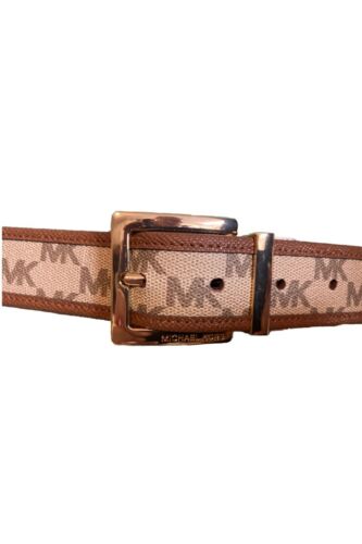 MICHAEL KORS BELT REVERSIBLE CREAM LUGGAGE LEATHER MK LOGO GOLD BUCKLE