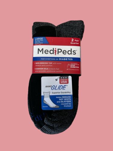 MediPeds Adult Men &Women NanoGLIDE~Quarter Cushion Casual Socks~2 Pair~Made USA